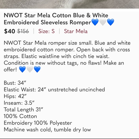 NWOT Star Mela Cotton Blue & White Embroidered Sleeveless Romper💙🤍💙 - Picture 14 of 14
